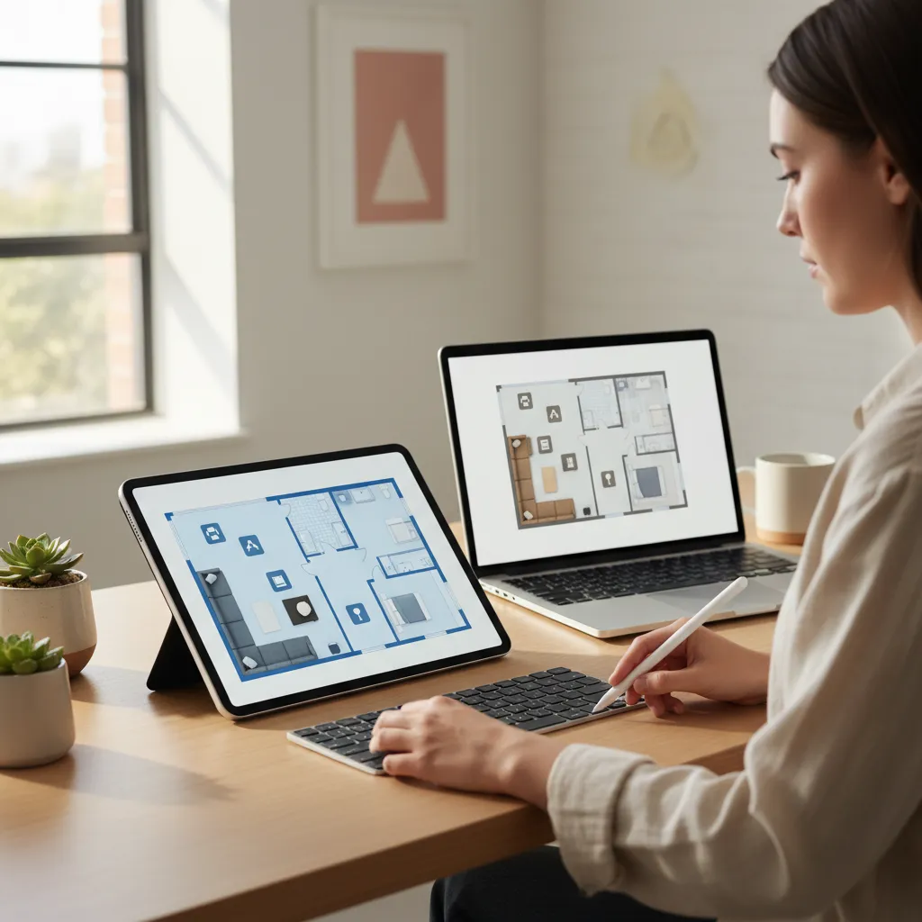 Diseñador organizando el layout de muebles en plano digital