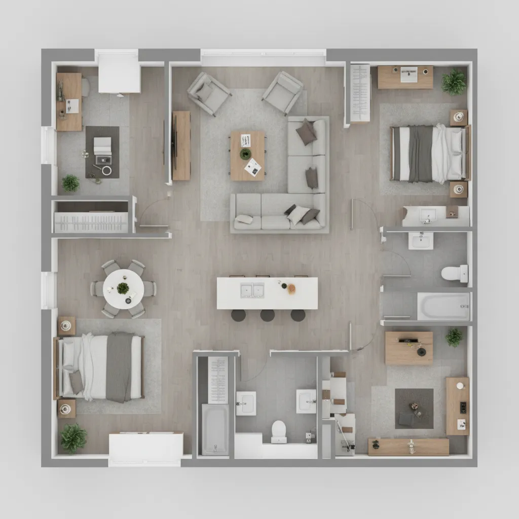 Plano de distribución de apartamento con mobiliario y zonas funcionales