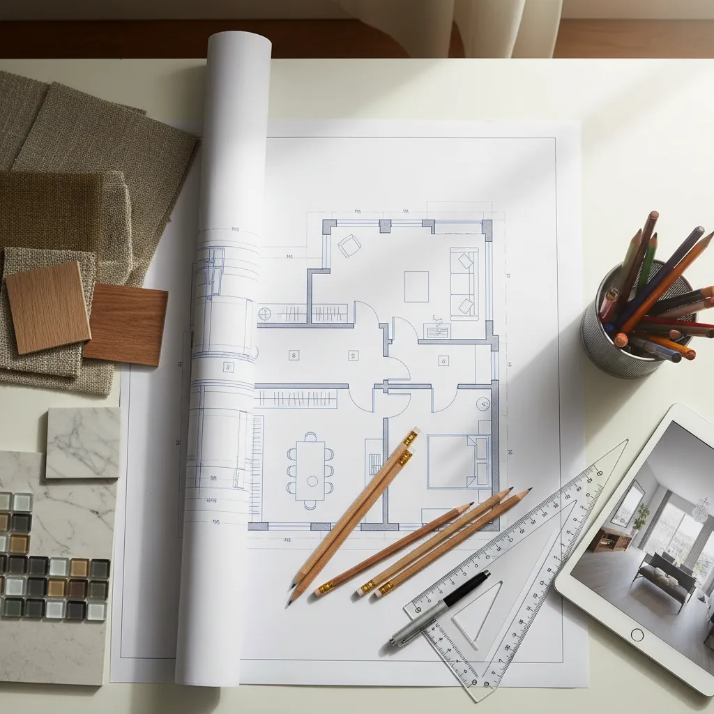 Plano de distribución de mobiliario sobre mesa de trabajo