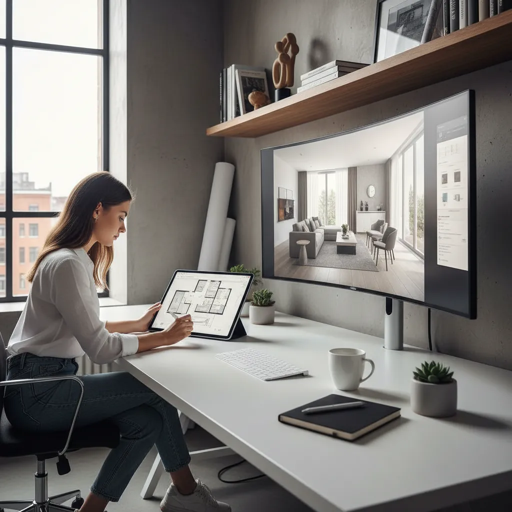 Diseñador planificando la distribución de un apartamento en plano digital