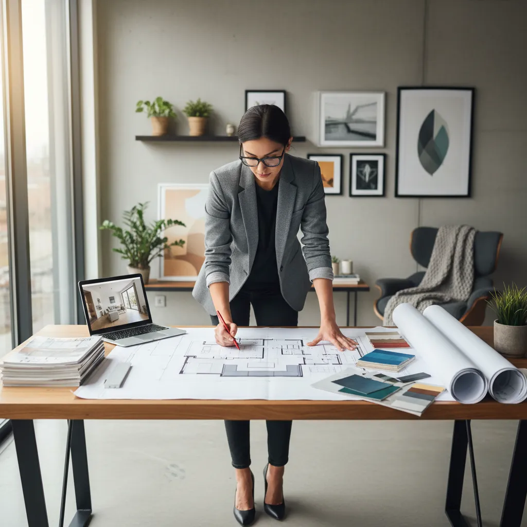 Diseñador organizando la distribución de muebles en un plano de vivienda