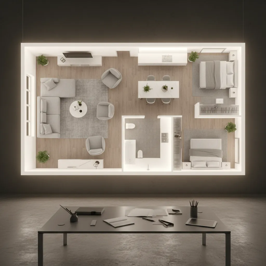 Plano digital de un apartamento con distribución de muebles y zonas funcionales