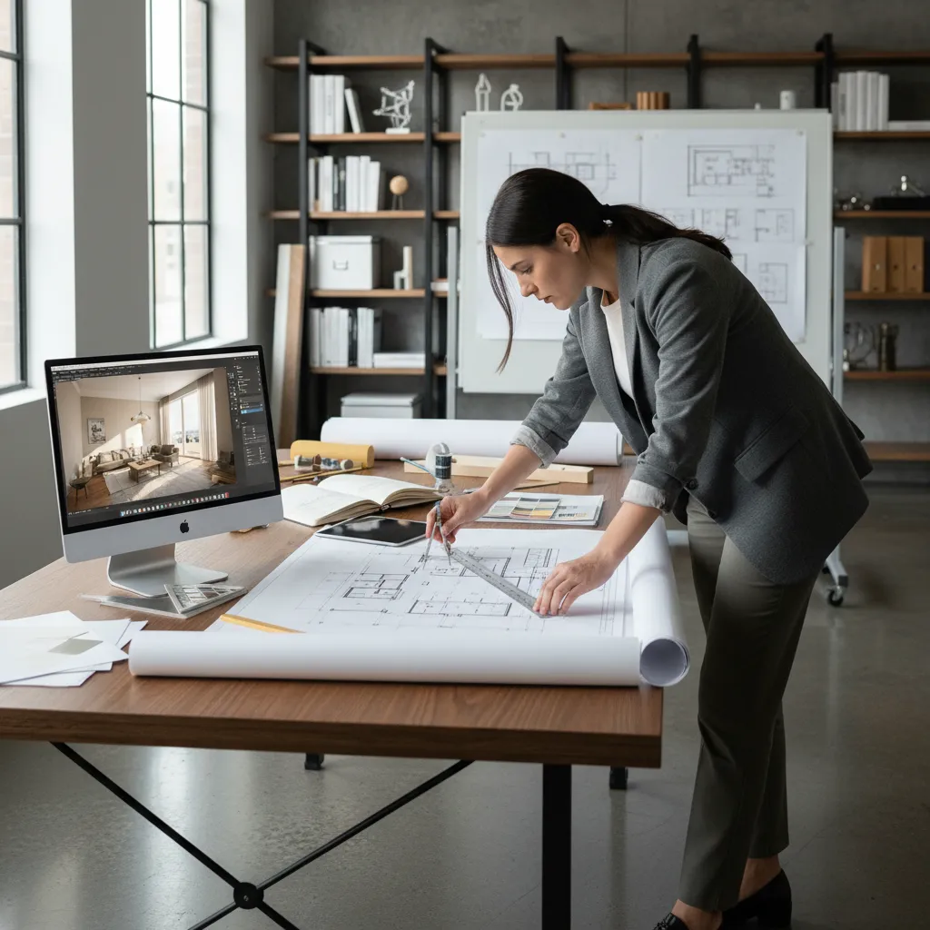 Diseñador revisando plano de distribución de un departamento