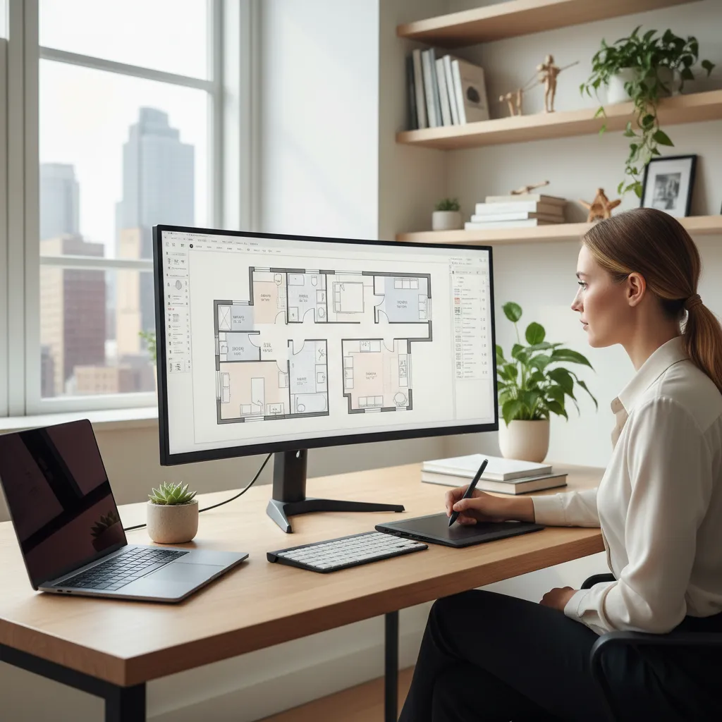 Diseñador creando plano de distribución de un apartamento