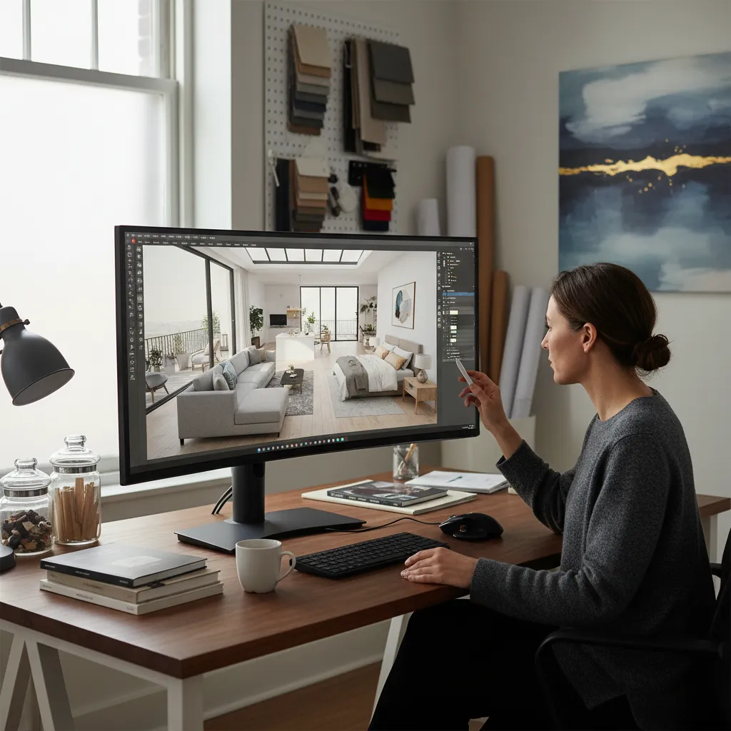 Diseñador creando distribución interior en software de planificación 3D