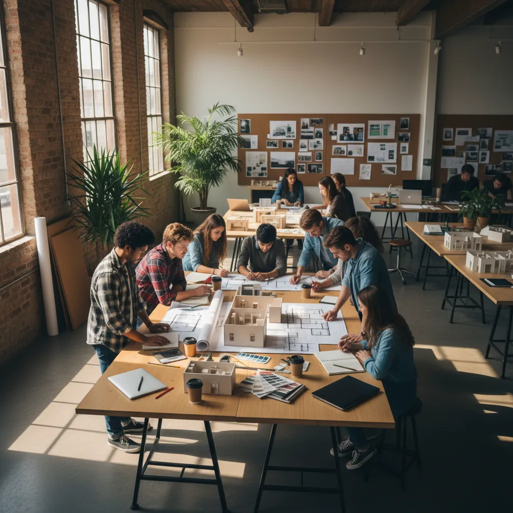 Estudiantes de diseño revisando planos y maquetas de interiorismo