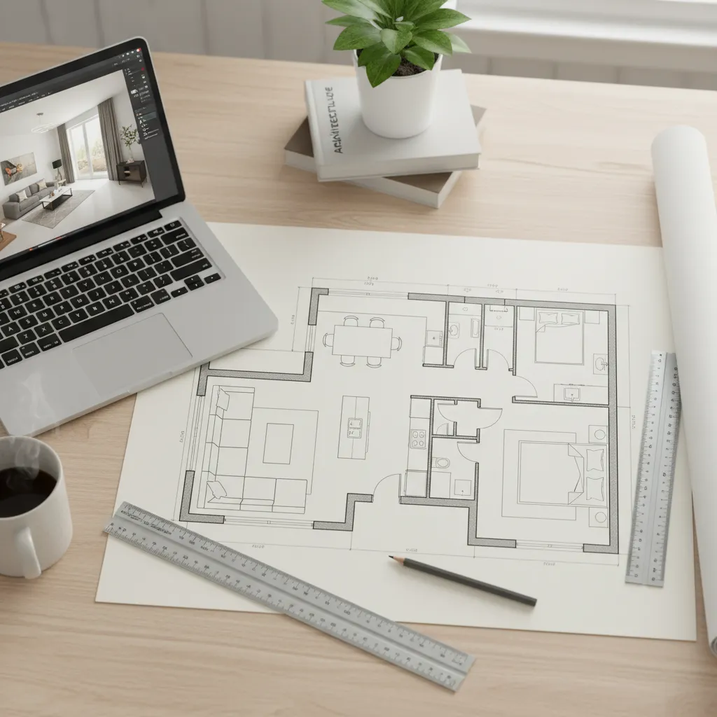 Paper house floor plan on a wooden desk with a laptop displaying interior design drawing