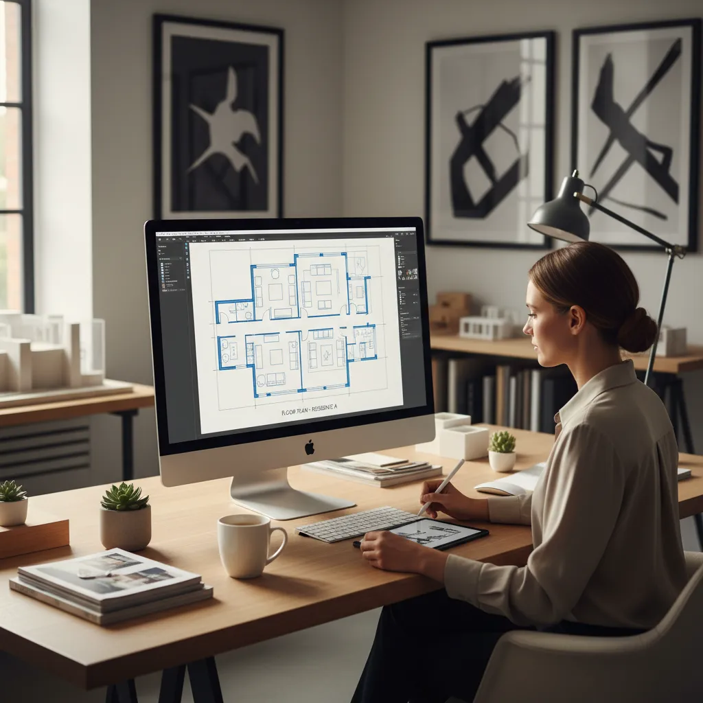 Diseñador trabajando en planificación de distribución interior en ordenador