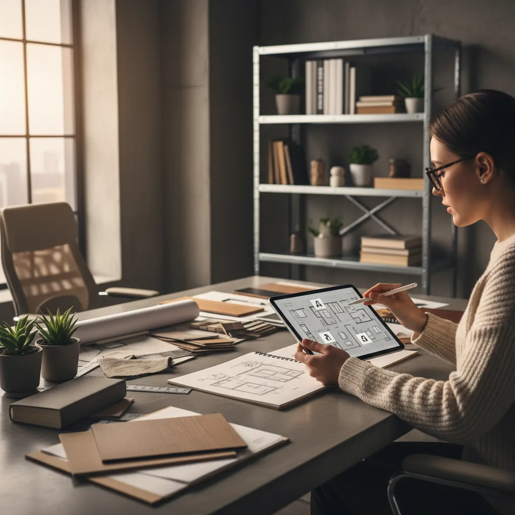 Diseñador probando diferentes distribuciones de muebles en un plano digital