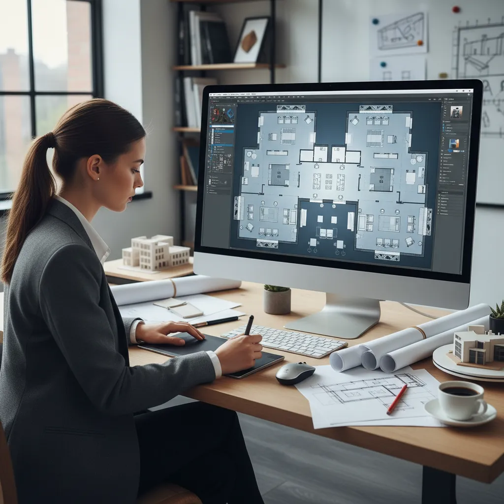 Interior designer sitting at desk creating room layout on screen with floor plans and models