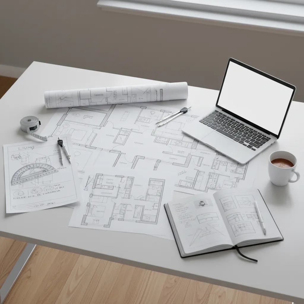 Diseñador organizando la distribución de un apartamento en un plano