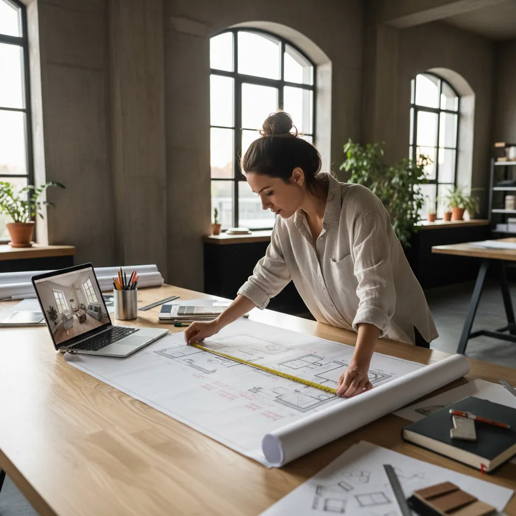 Female designer measuring large paper floor plan on wooden table with laptop and bright windows