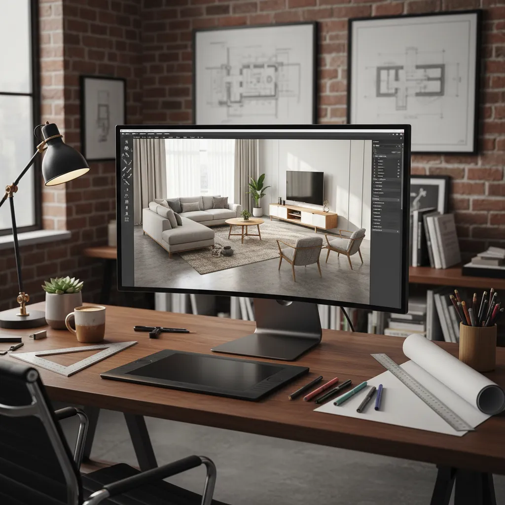 Desk with monitor showing interior design drawing of a living room with sofa and table.