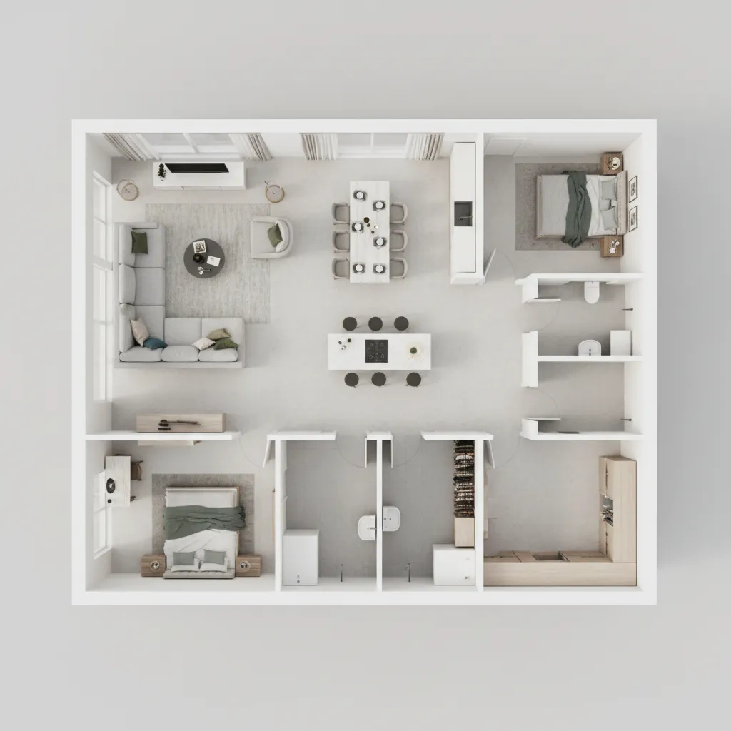 Plano 3D de distribución interior de un apartamento