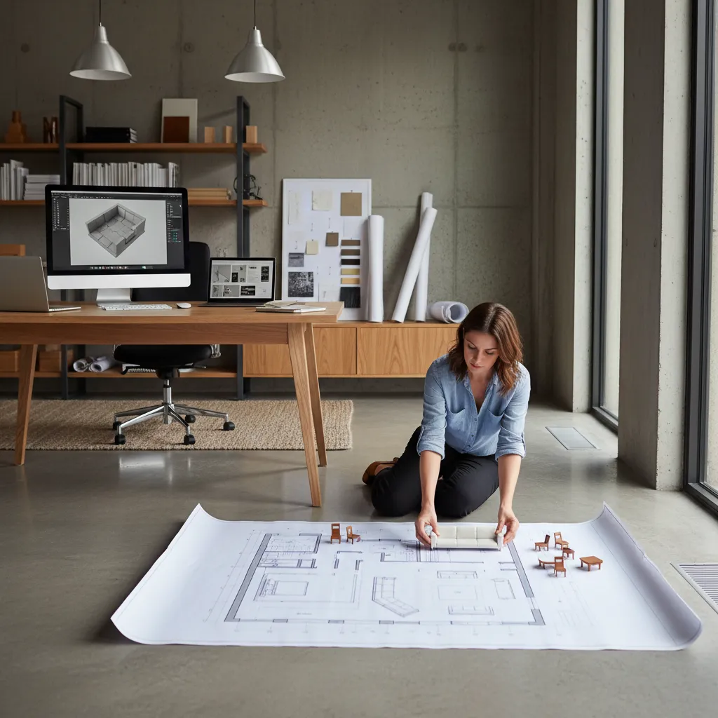 Female interior designer sitting on floor placing miniature sofa on large printed house floor plan