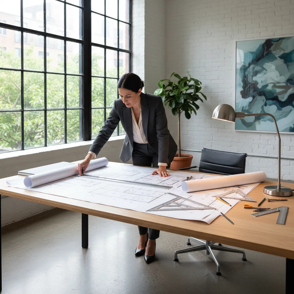 Diseñador revisando planos de distribución interior sobre una mesa