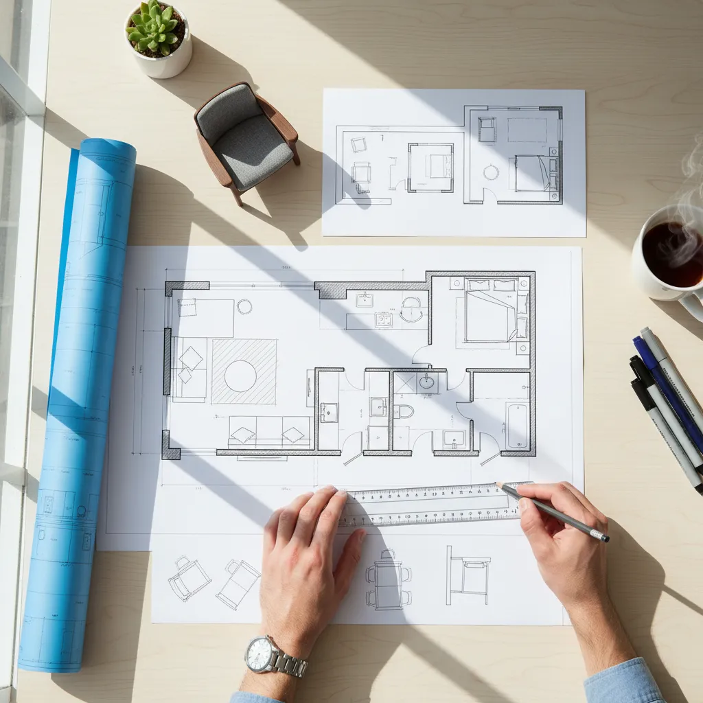 Plano de apartamento con distribución de muebles y zonas funcionales