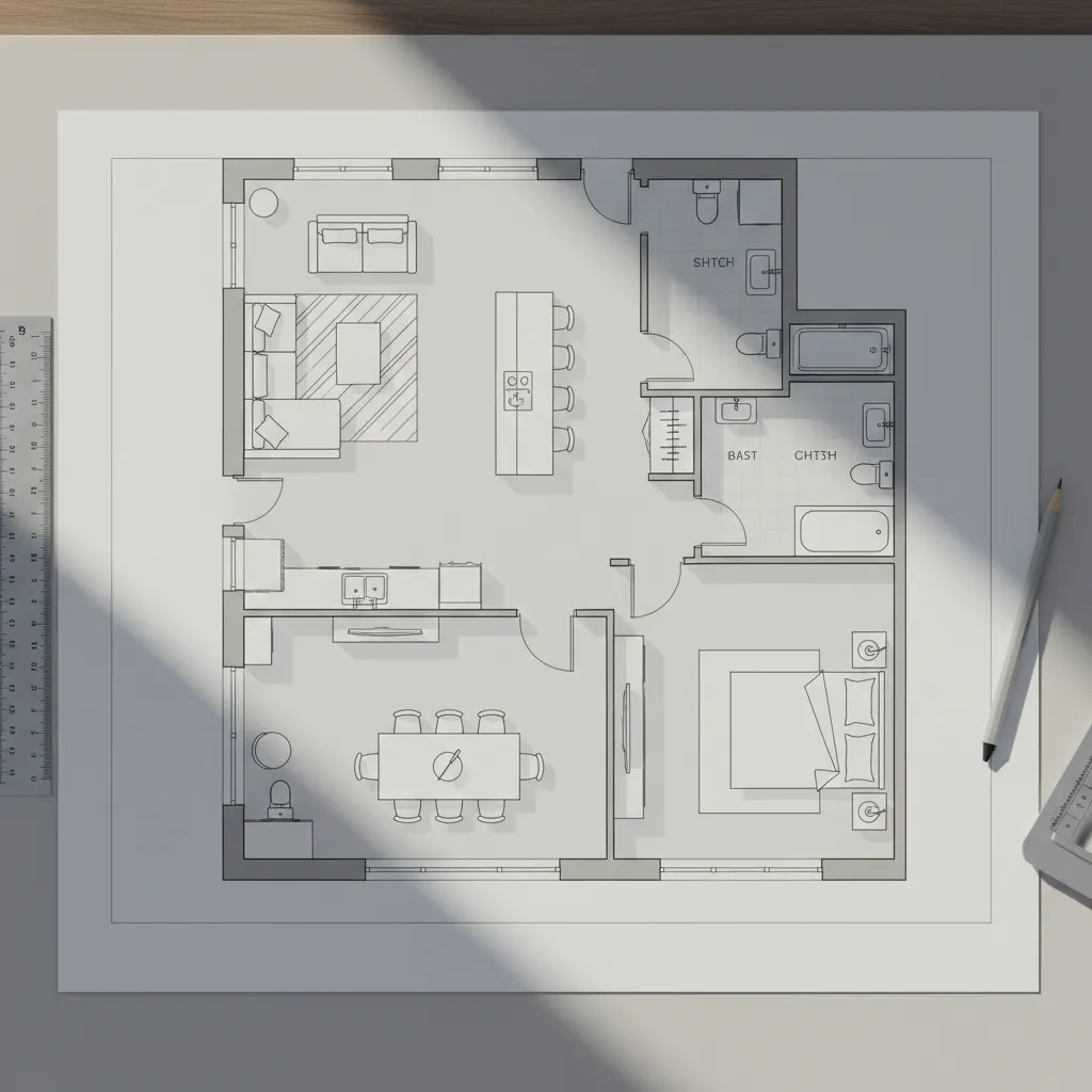 Plano de distribución de apartamento con diseño de interiores