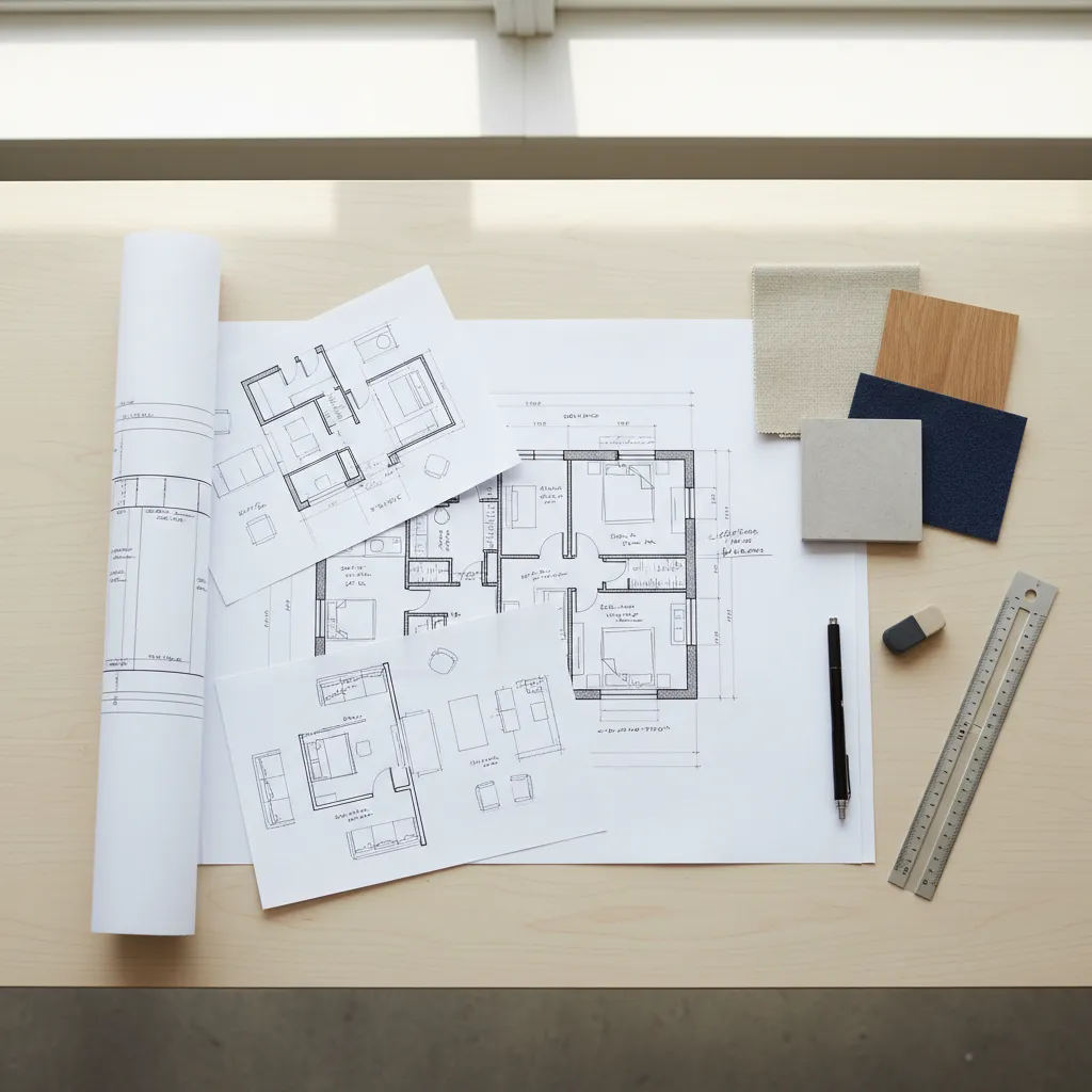 Plano de vivienda con distribución de muebles sobre una mesa de trabajo