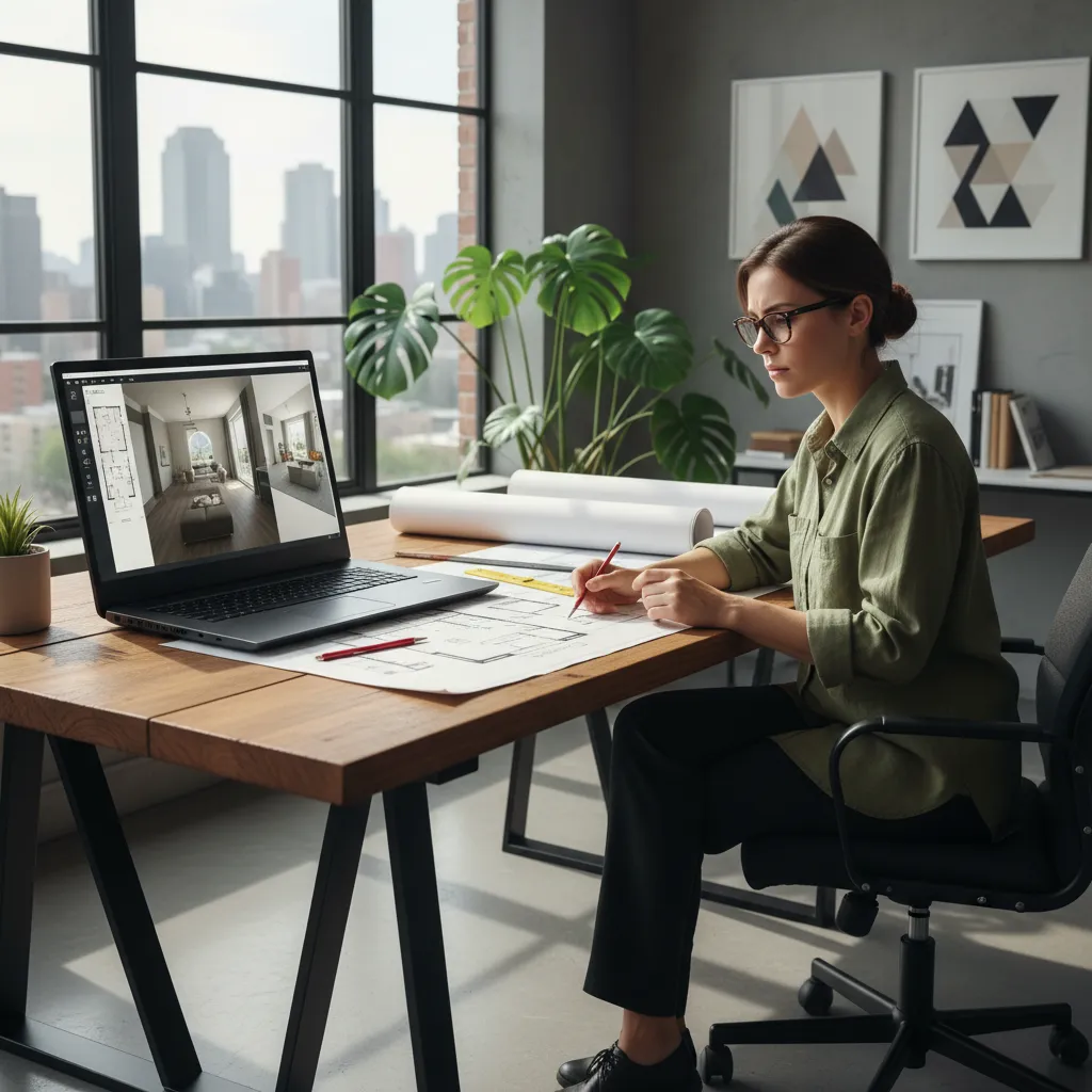 Woman using design software on laptop while drawing floor plan on a large wooden desk