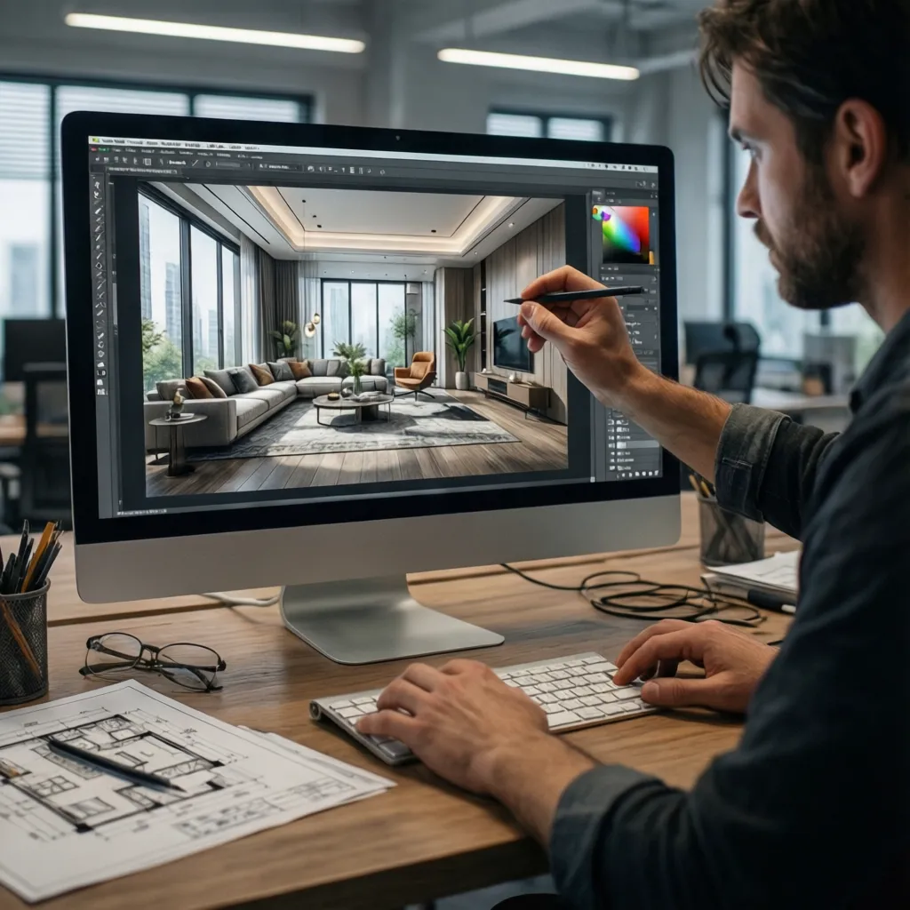 Diseñador planificando la distribución de un espacio interior en un plano digital