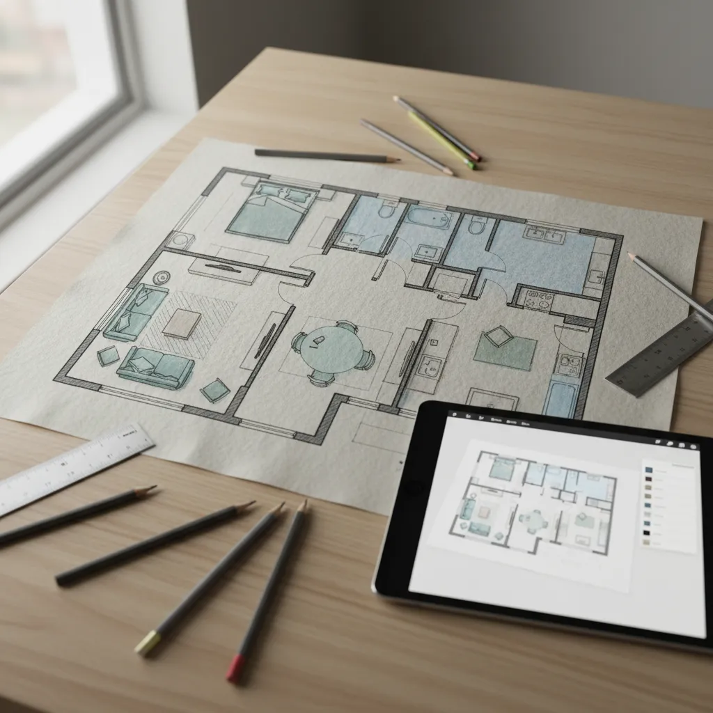 Hand drawn floor plan on wooden desk with pencils a ruler and a digital tablet