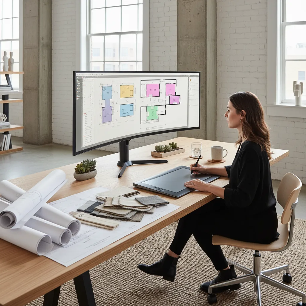 Diseñador trabajando en la distribución de un espacio interior en plano digital