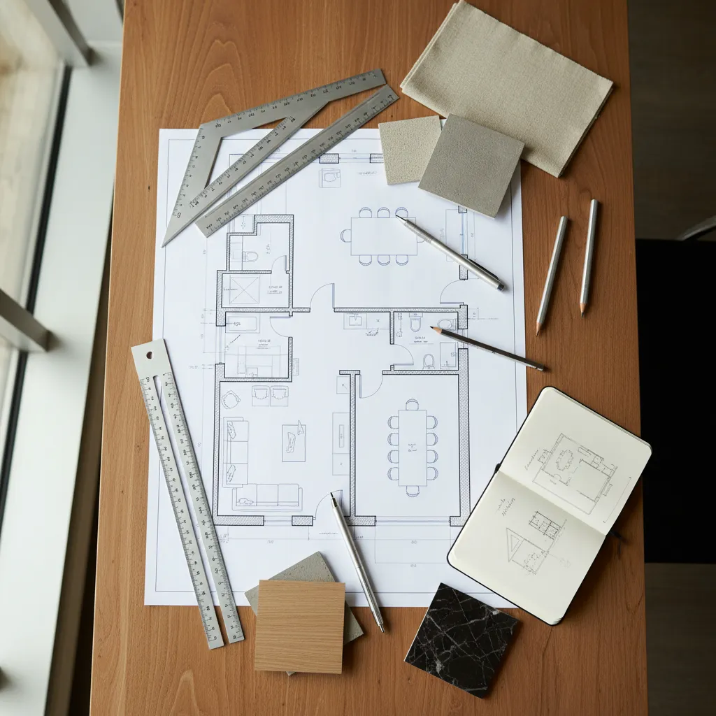Detailed room layout drawing on wooden desk with rulers, fabric swatches, wood samples, and pens