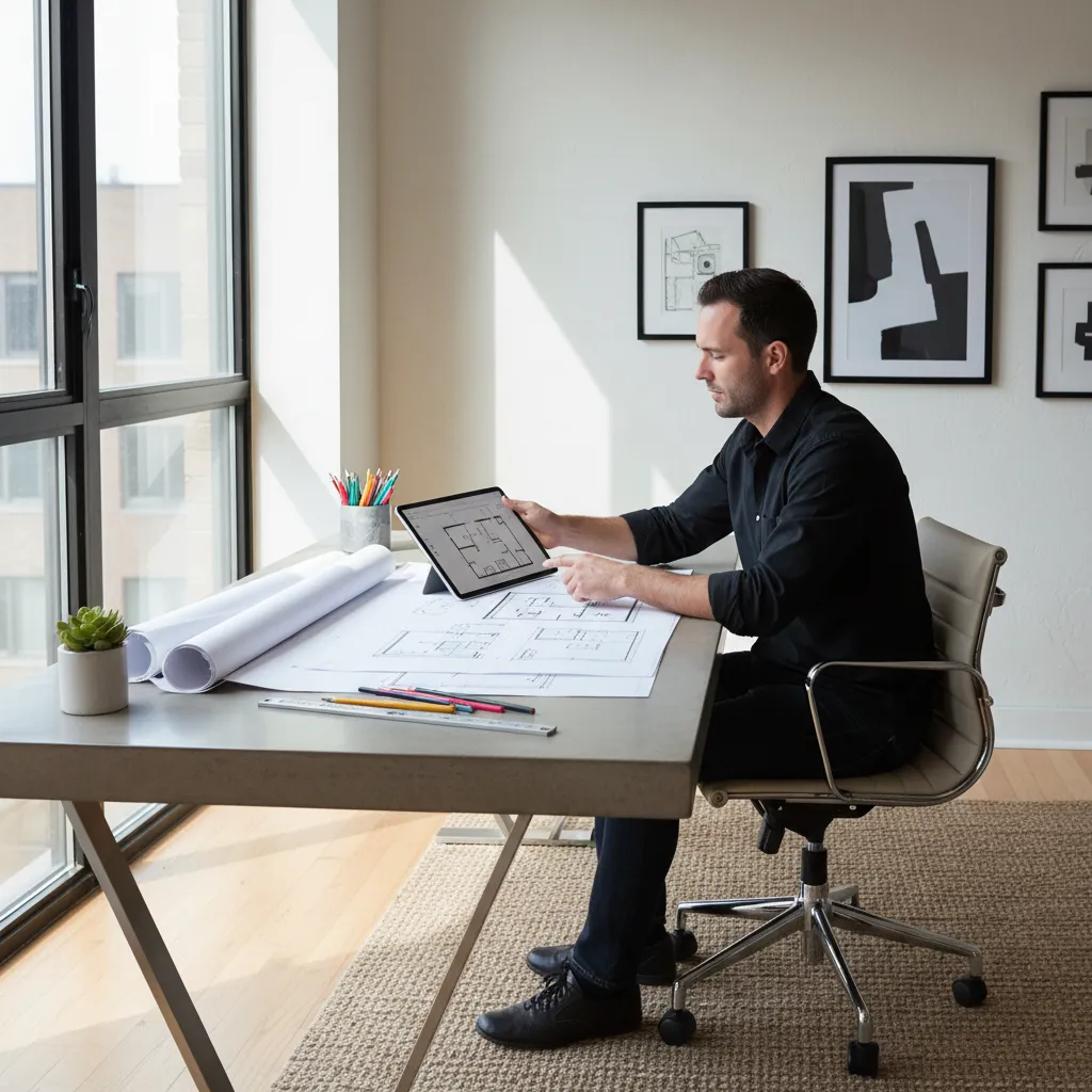 Man at desk reviewing room layout on tablet with paper interior design drawings and pencils