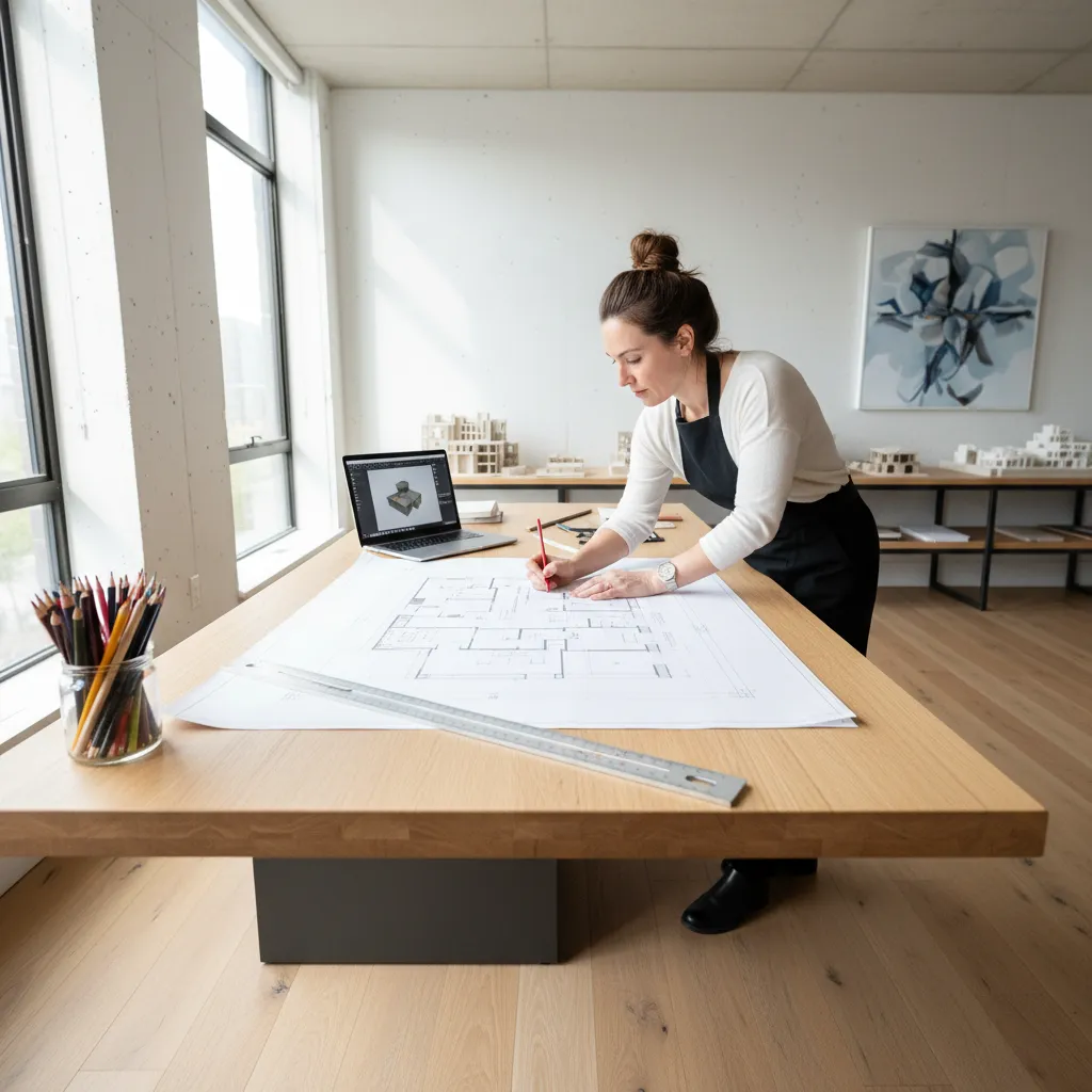 Diseñador planificando distribución de un apartamento en plano