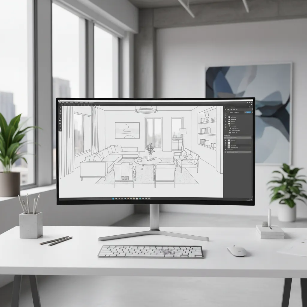 Computer monitor displaying a living room interior design drawing on a white desk with small plants
