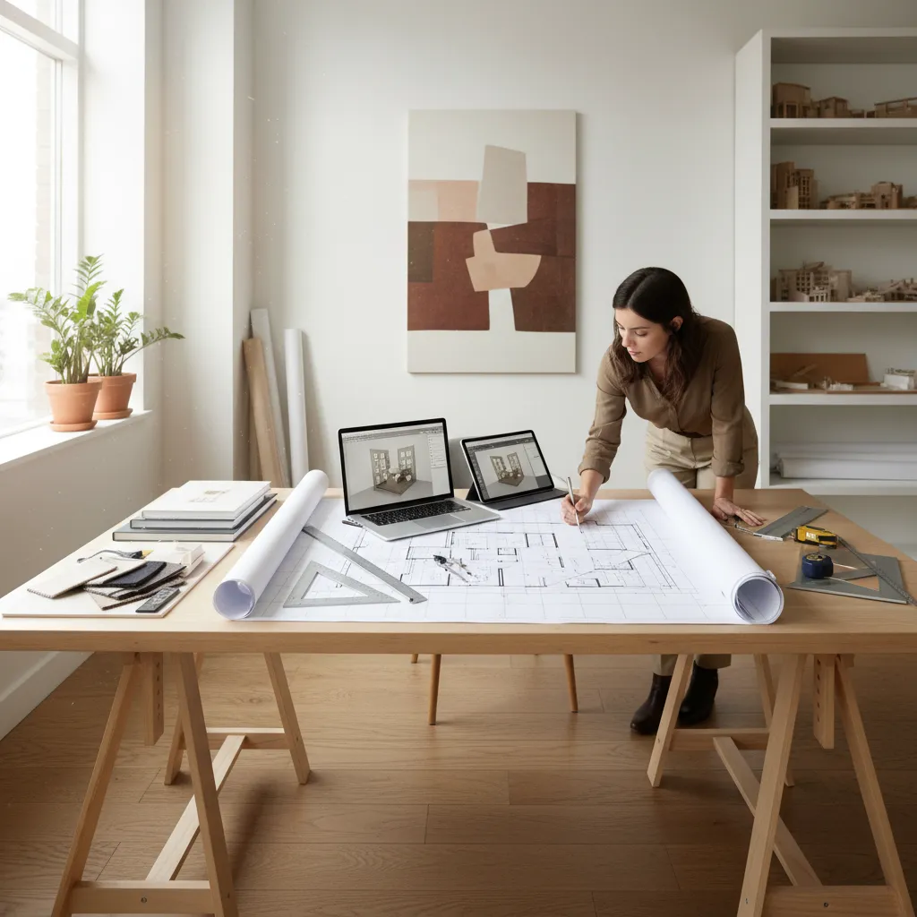 Diseñador planificando la distribución de una habitación en plano