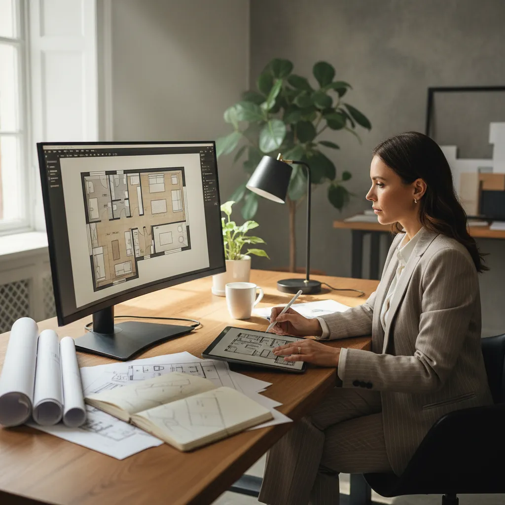 Diseñador trabajando en distribución de espacios interiores en ordenador