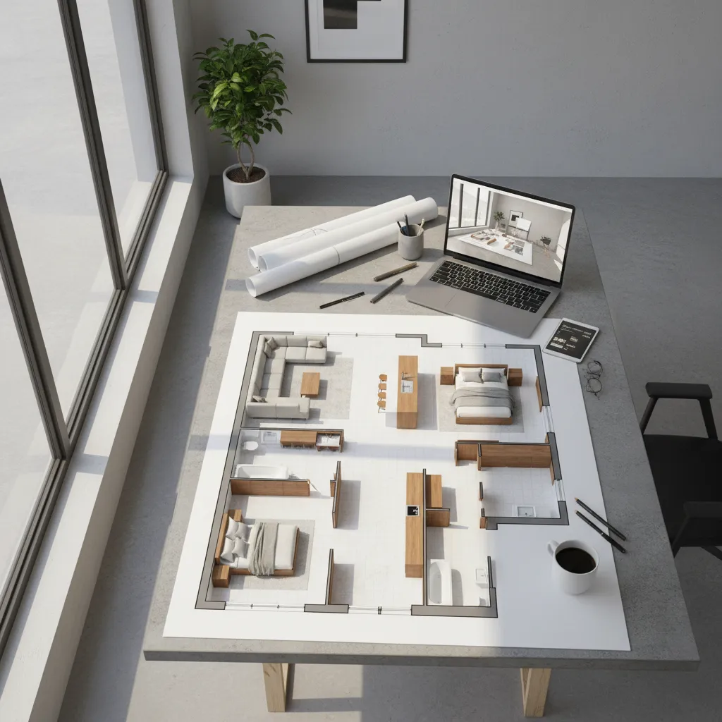Desk showing a printed room layout next to a laptop displaying a modern interior design
