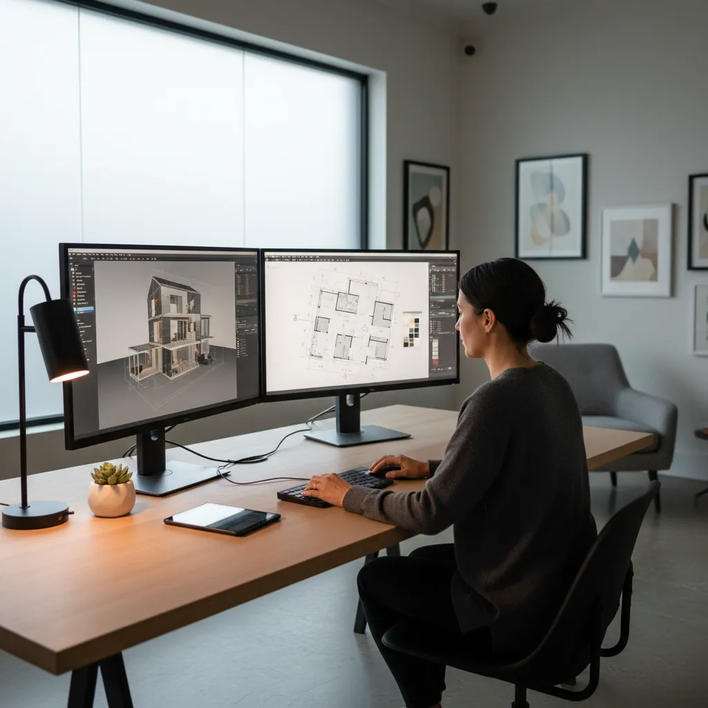 Designer using dual monitors to work on a 3D house model and a room layout