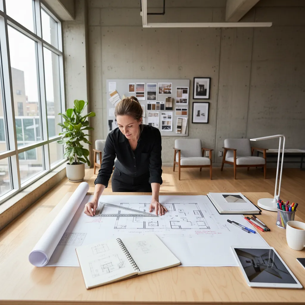 Diseñador analizando un plano de distribución de vivienda