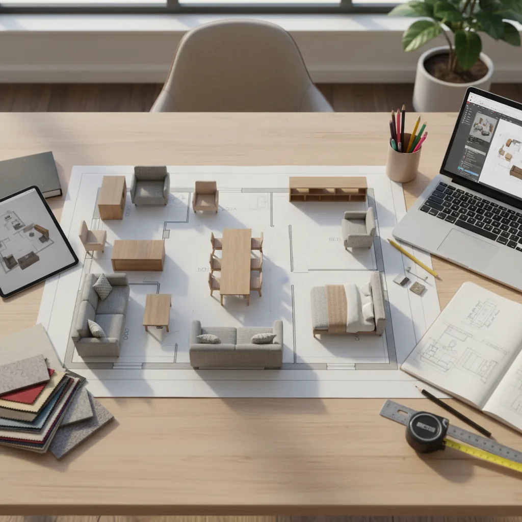 Plano de distribución de una habitación con muebles