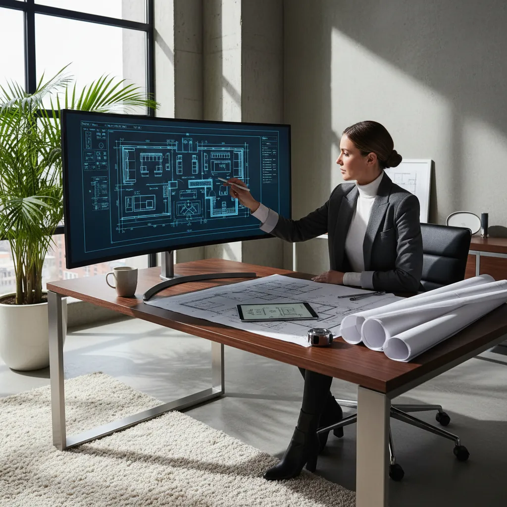 Diseñador revisando plano de distribución de un salón en una pantalla