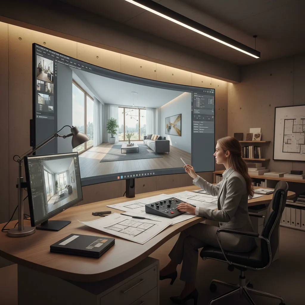 Professional designer working on interior design drawing using a large monitor and paper floor plans