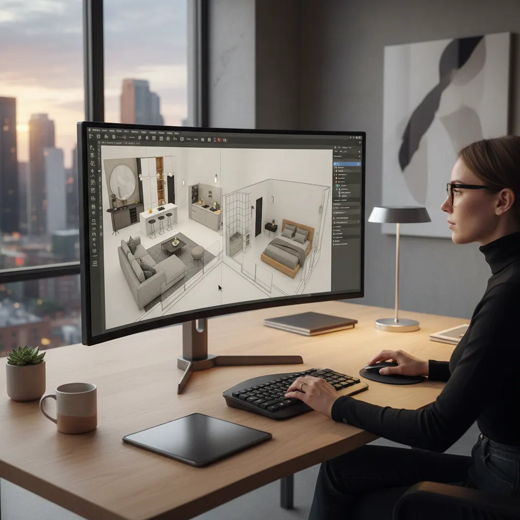 Woman using wide computer monitor to create 3D interior room layouts for living room bedroom.