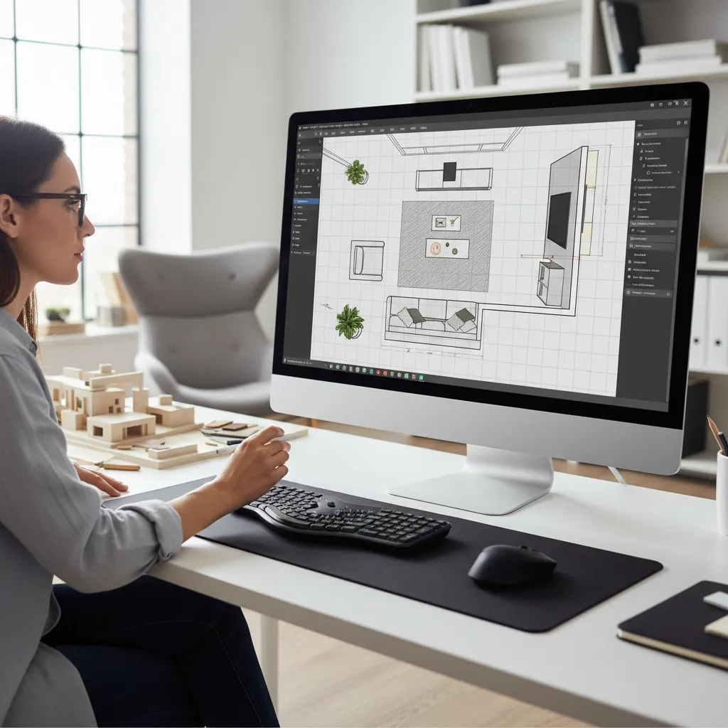 Pantalla mostrando planificación digital de un salón con distribución de muebles