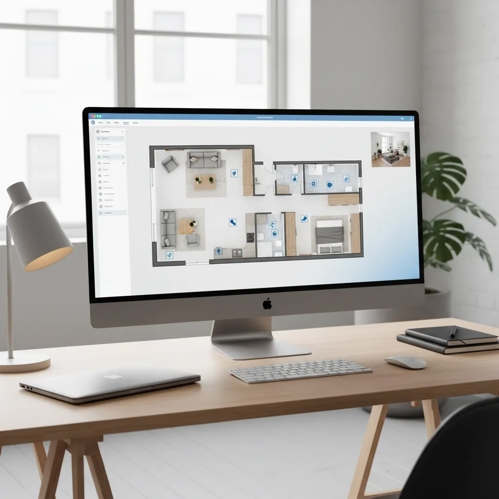 Pantalla mostrando un plano digital de apartamento con distribución de muebles