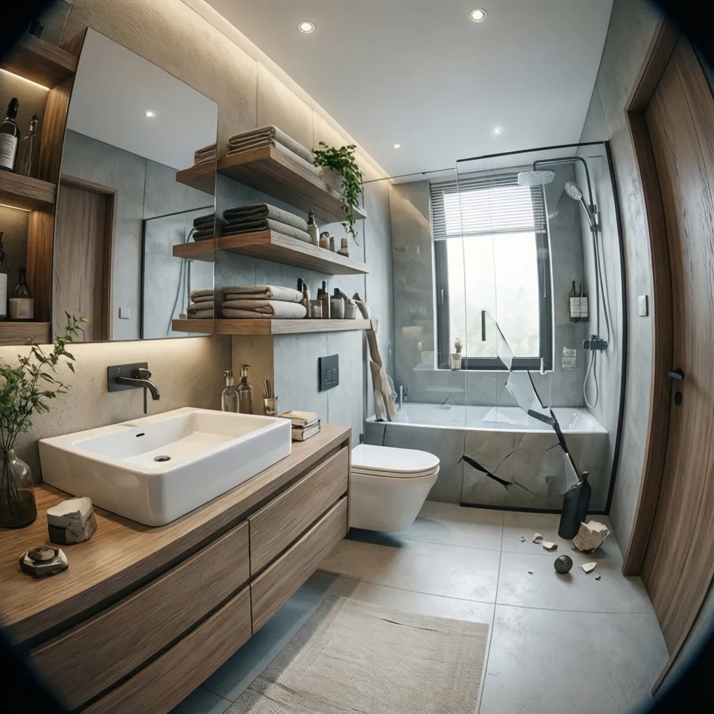 Diseño planificado de estantería dentro de un baño moderno