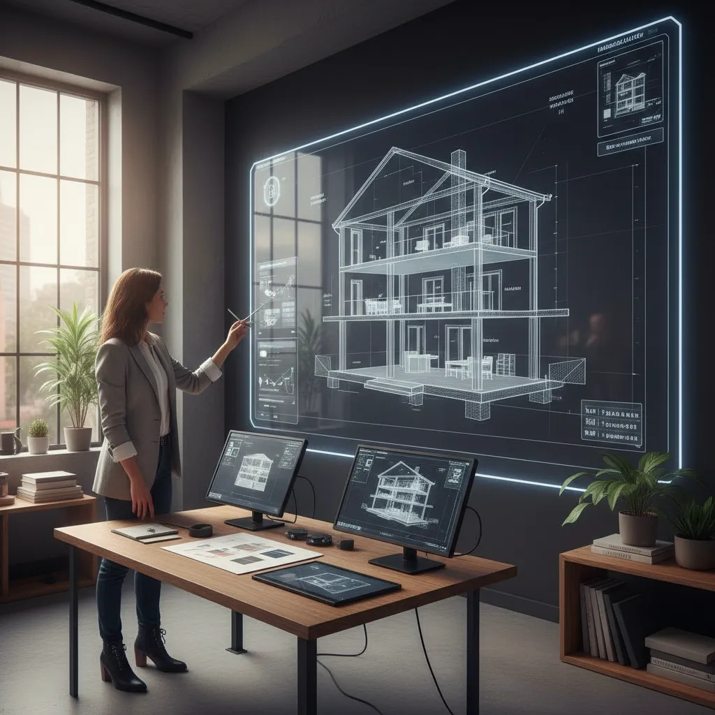 Diseñador revisando modelo 3D de distribución interior y estructura