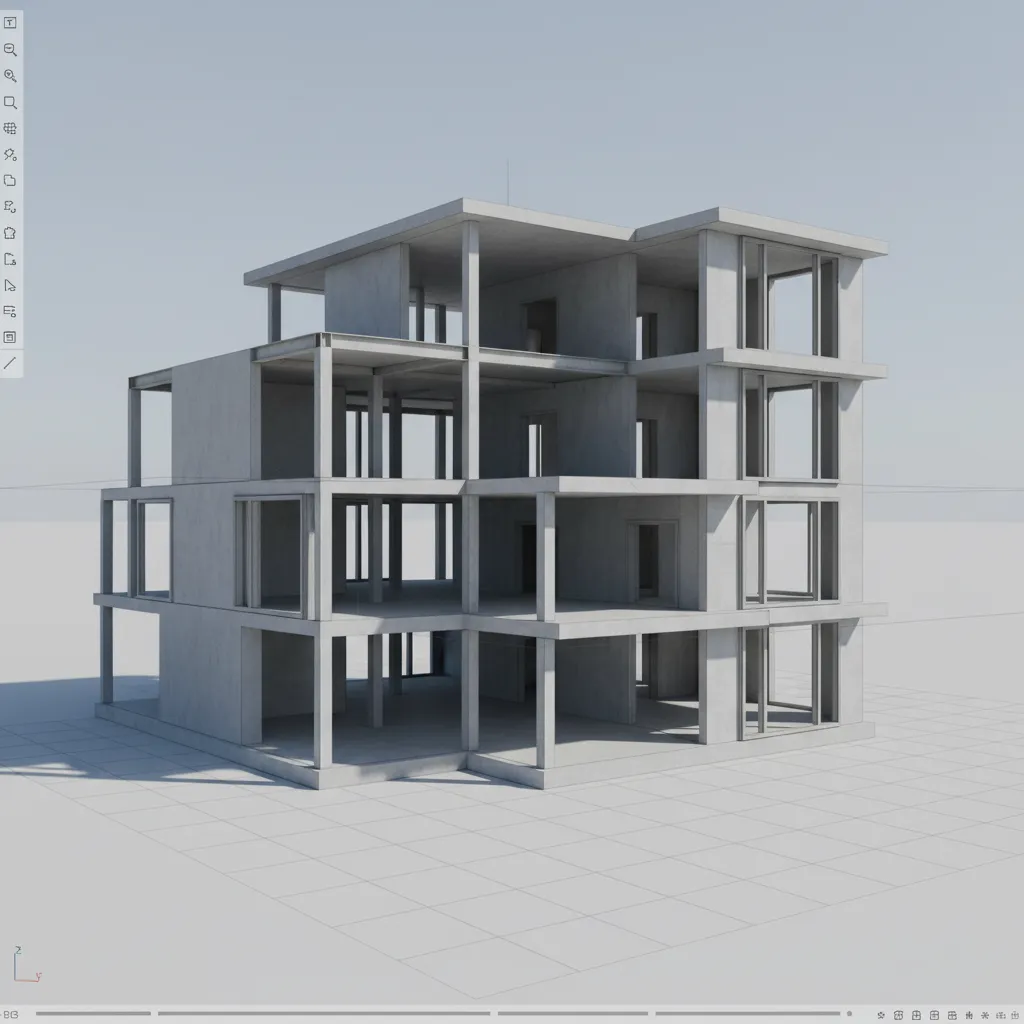 modelo 3D de la estructura de una casa mostrando distribución estructural