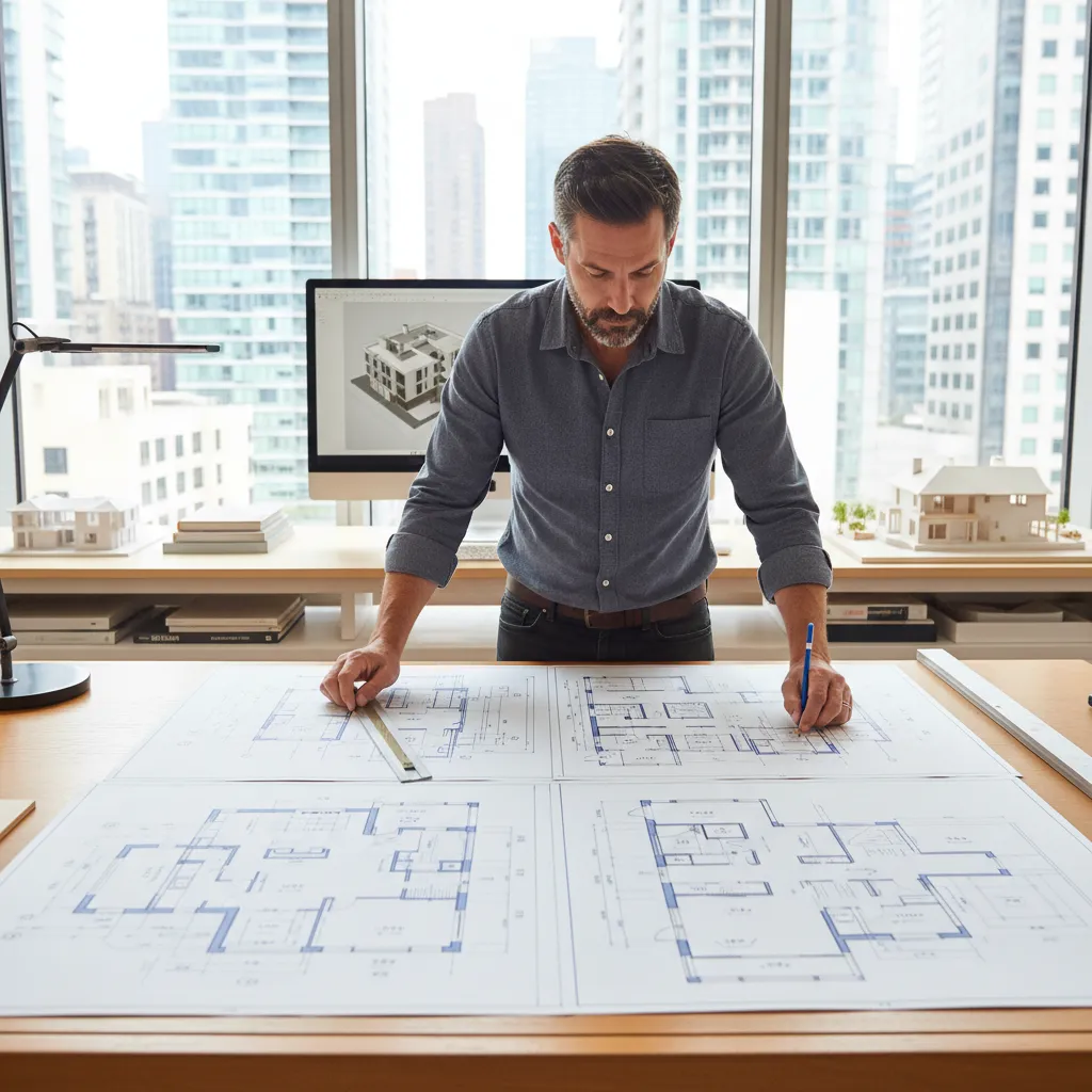 Arquitecto revisando planos estructurales de una vivienda