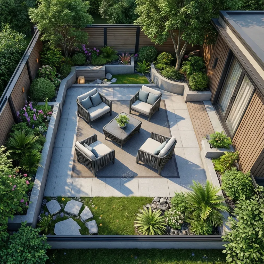 Visualización 3D de un patio pequeño planificado digitalmente