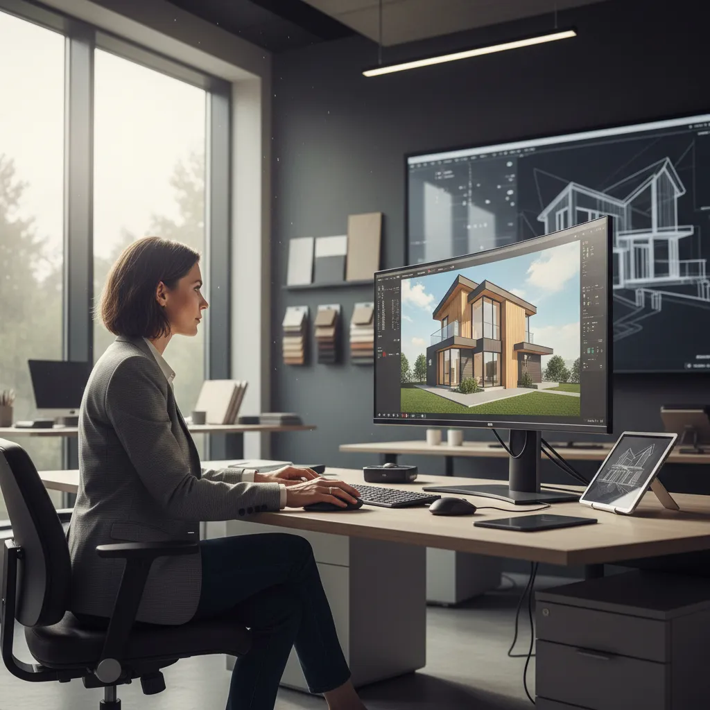 Diseñador revisando modelo 3D de una casa moderna