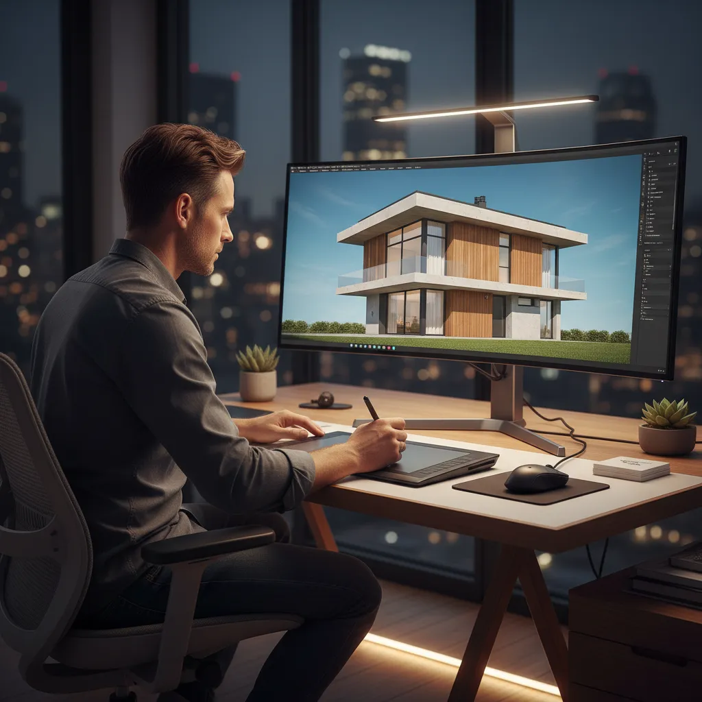 Diseño digital de fachada de casa en software de planificación arquitectónica
