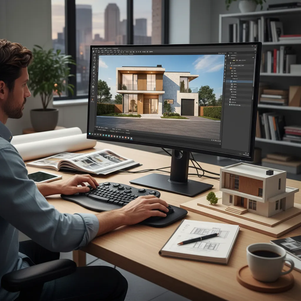 Modelo 3D de diseño de fachada de vivienda en software de arquitectura